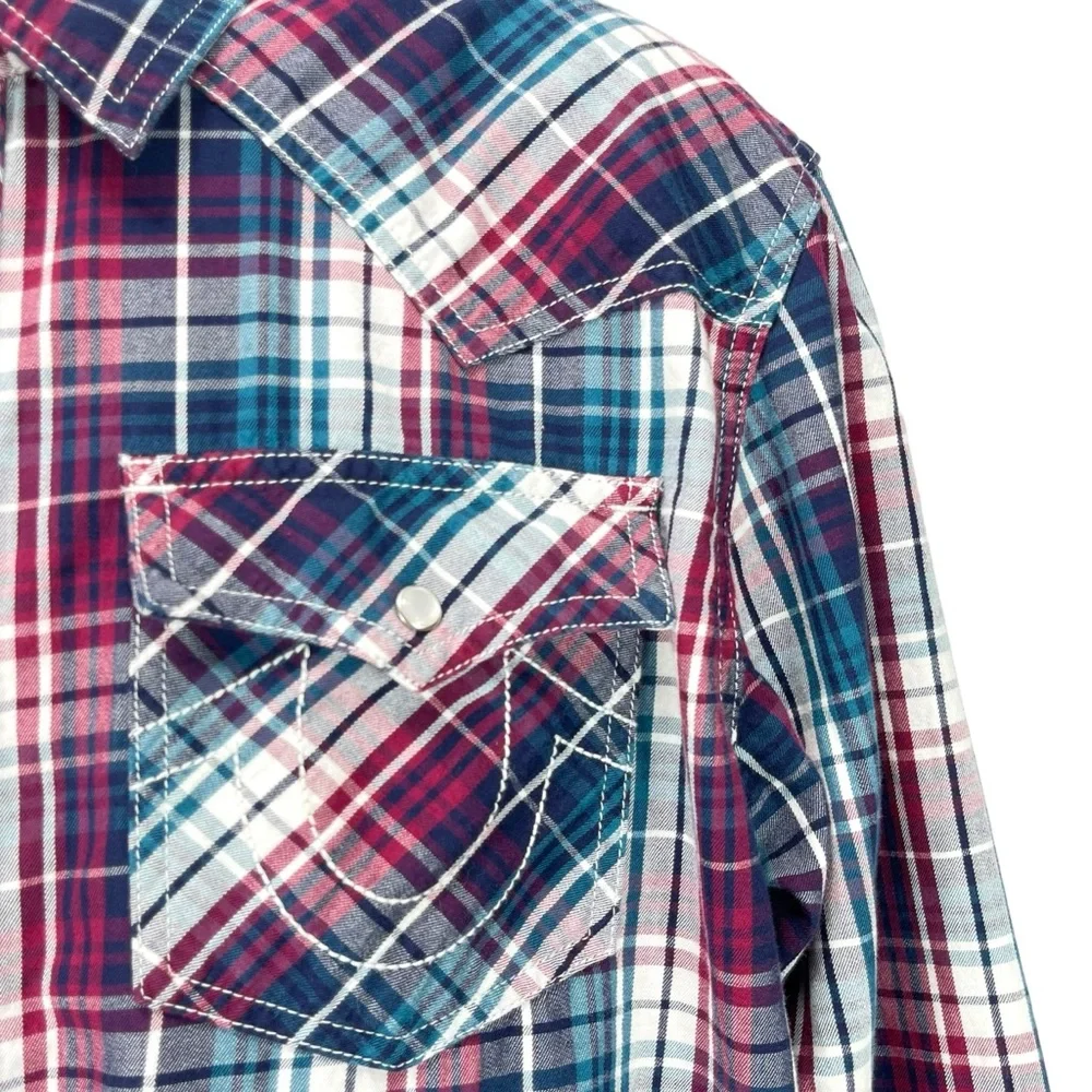True Religion Mens‎ XL Plaid Western Pearl Snap Shirt Red Blue